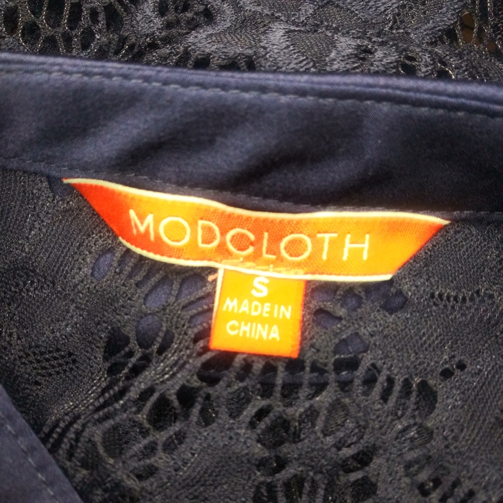 Modcloth Go Down In Mystery Satin Trimmed Blue Lace Blouse - Picture 6 of 9